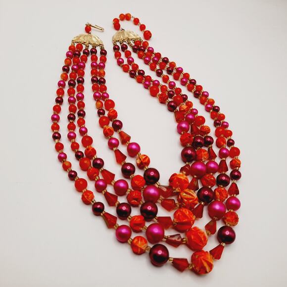 Vintage Japan 1950s 5 Strand Red Pink Beaded Necklace 17” Signed Hook - Picture 11 of 12